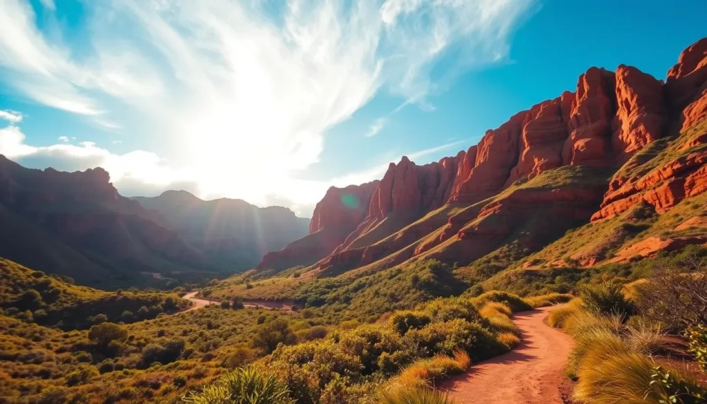 A serene landscape unfolds, showcasing the dramatic red sandstone formations of the Garden of the Gods in Lanai, Hawaii. The sun casts a warm glow, illuminating the rugged cliffs and lush, verdant vegetation that carpet the rolling hills. In the foreground, a meandering path invites exploration, leading the viewer deeper into this captivating natural wonder. Wispy clouds drift across a vibrant blue sky, creating a sense of tranquility and timelessness. The scene evokes a feeling of awe and wonder, perfectly capturing the essence of this must-see Hawaiian attraction.