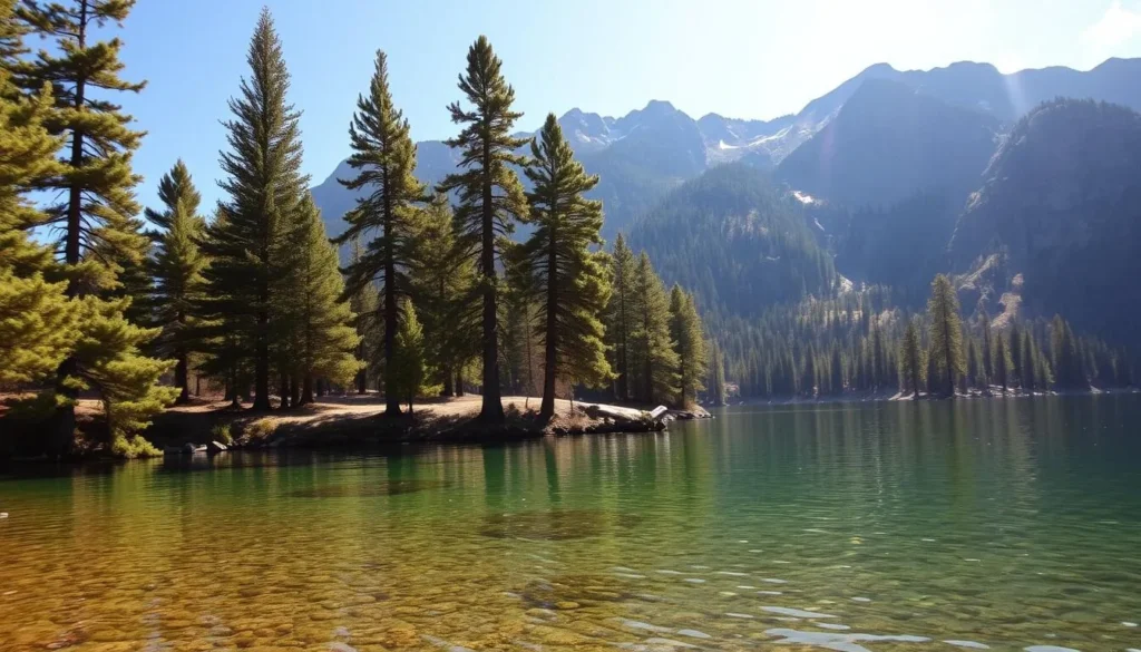 A serene landscape unfolds, where the crystal-clear waters of Lake O'Neill glisten under the warm California sun. Towering pine trees line the shoreline, their verdant branches casting gentle shadows across the reflective surface. In the distance, rugged mountains rise, their peaks capped with a dusting of snow, creating a breathtaking backdrop. The scene is illuminated by soft, diffused lighting, capturing the natural beauty and tranquility of this hidden gem. A wide-angle lens frames the expansive vista, inviting the viewer to immerse themselves in the peaceful ambiance of this picturesque setting.