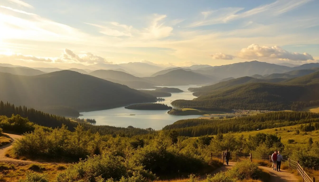A serene landscape with Lagoon Valley Lake nestled amidst rolling hills, verdant forests, and picturesque mountains in the distance. Sunlight filters through wispy clouds, casting a warm, golden glow over the tranquil waters and lush vegetation. Visitors stroll along the well-maintained trails, pausing to admire the breathtaking vistas and the diverse wildlife that thrives in this idyllic setting. The scene exudes a sense of peace and natural harmony, inviting exploration and relaxation.
