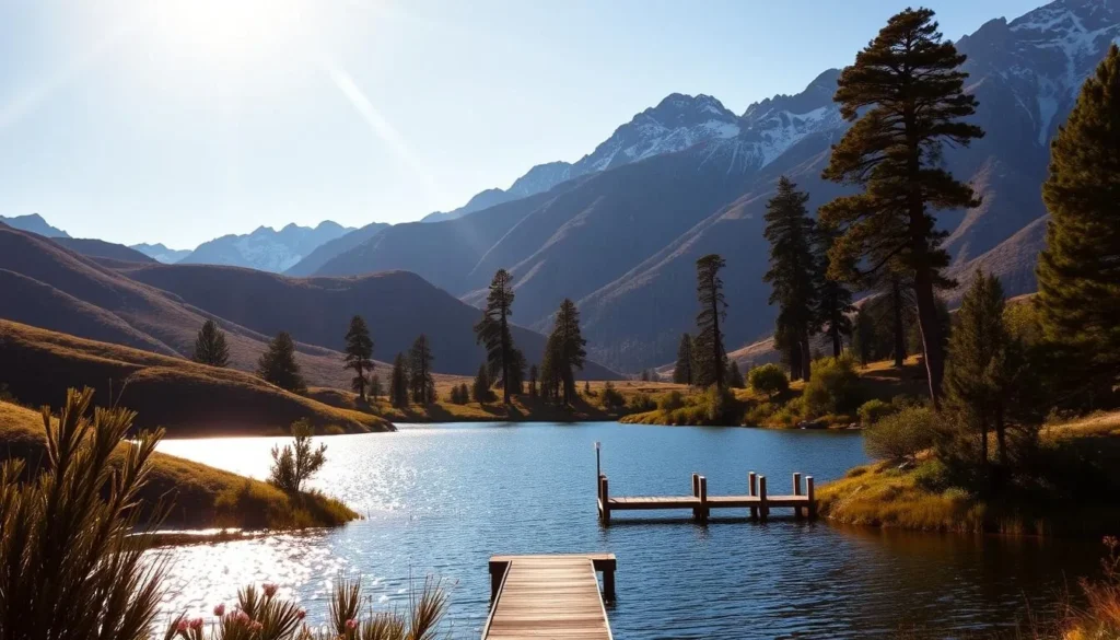 A serene landscape with Lake Silverado shimmering in the foreground, surrounded by rolling hills and lush greenery. The sun's warm rays cast a golden glow over the scene, creating a tranquil and inviting atmosphere. In the middle ground, tall pine trees sway gently in the breeze, their shadows dancing across the calm waters. The background is dominated by rugged, snow-capped mountains, their peaks reaching towards the clear, azure sky. A peaceful dock extends into the lake, inviting visitors to take in the breathtaking natural beauty. The overall composition captures the essence of Lake Silverado's captivating natural splendor.