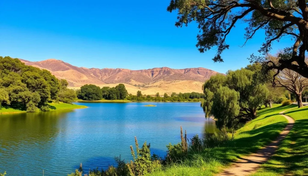 A serene landscape with Willow Creek Reservoir nestled in the rolling hills of California's Central Valley. In the foreground, the tranquil waters reflect the azure sky and surrounding greenery. Lush oak trees line the banks, casting dappled shadows. In the middle ground, a gently winding trail invites visitors to explore the area. The background features the rugged, sun-dappled slopes of the coastal mountain range. The scene is bathed in warm, golden light, creating a peaceful, inviting atmosphere. Capture this picturesque natural haven with a classic wide-angle lens, showcasing the reservoir's scenic beauty and the idyllic ambiance perfect for a relaxing day trip.