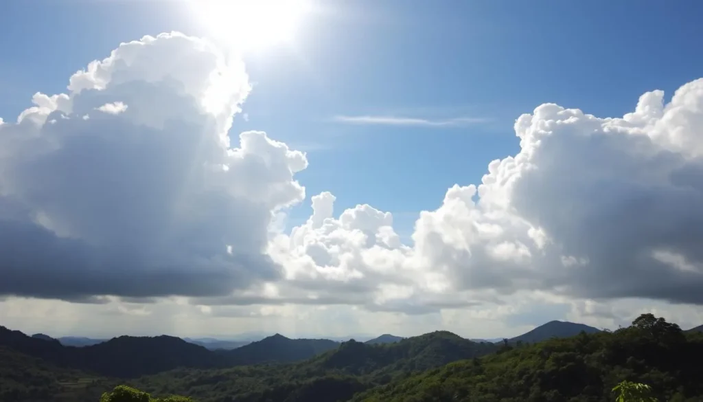 A serene landscape with billowing cumulus clouds drifting across a bright, azure sky. Warm sunlight filters through the wispy formations, casting a soft, golden glow over the lush, verdant terrain below. In the foreground, a picturesque vista unfolds, showcasing the undulating hills and valleys characteristic of the Northern Mariana Islands. The scene exudes a sense of tranquility and natural beauty, perfectly capturing the essence of the region's cloud cover and sunshine throughout the year.