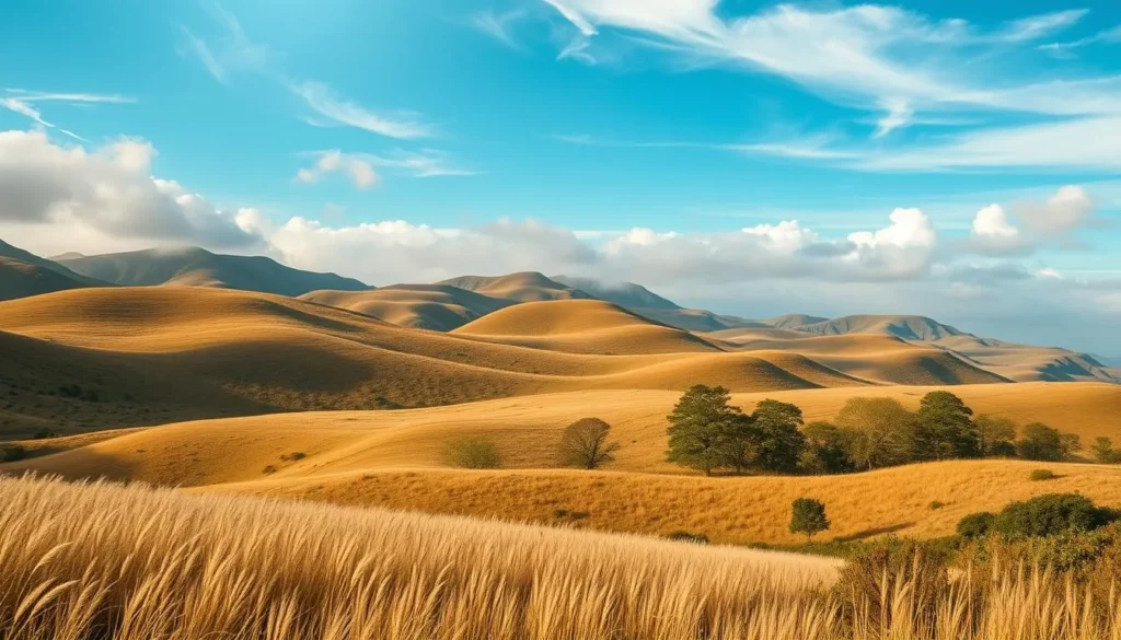 A serene landscape with rolling hills, where the wind gently blows across the terrain. Capture the movement of the air, showcasing the average hourly wind speed through wisps of clouds and the graceful sway of lush vegetation. Utilize a warm, natural lighting to create an inviting, atmospheric scene that evokes the tranquility of the outdoors. Employ a wide-angle lens to encompass the expansive view, allowing the viewer to feel immersed in the dynamic wind patterns. Convey the essence of the seasonal variations and the ideal weather conditions for a weather-savvy trip to Wallis and Fortuna.