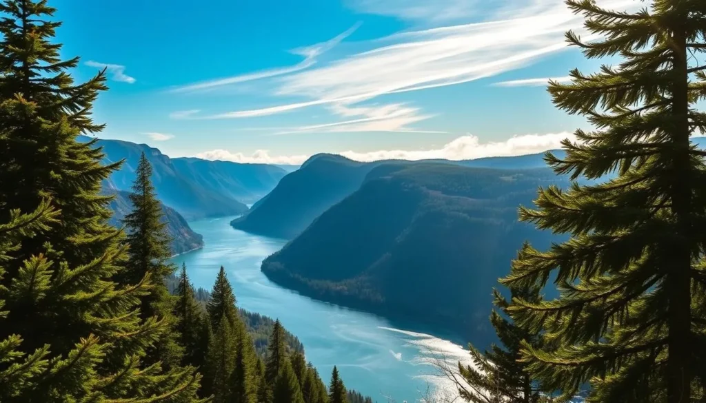 A serene landscape with the majestic Columbia River Gorge as the focal point. In the foreground, lush evergreen trees line the riverbanks, their branches swaying gently in the breeze. The middle ground features the winding river, its glimmering waters reflecting the clear blue sky above. In the distance, towering cliffs and verdant hills rise up, creating a dramatic backdrop. Warm, golden sunlight filters through wispy clouds, casting a soft, natural glow over the entire scene. The overall atmosphere conveys a sense of tranquility and wonder, perfectly capturing the essence of planning a trip to this stunning natural wonder.