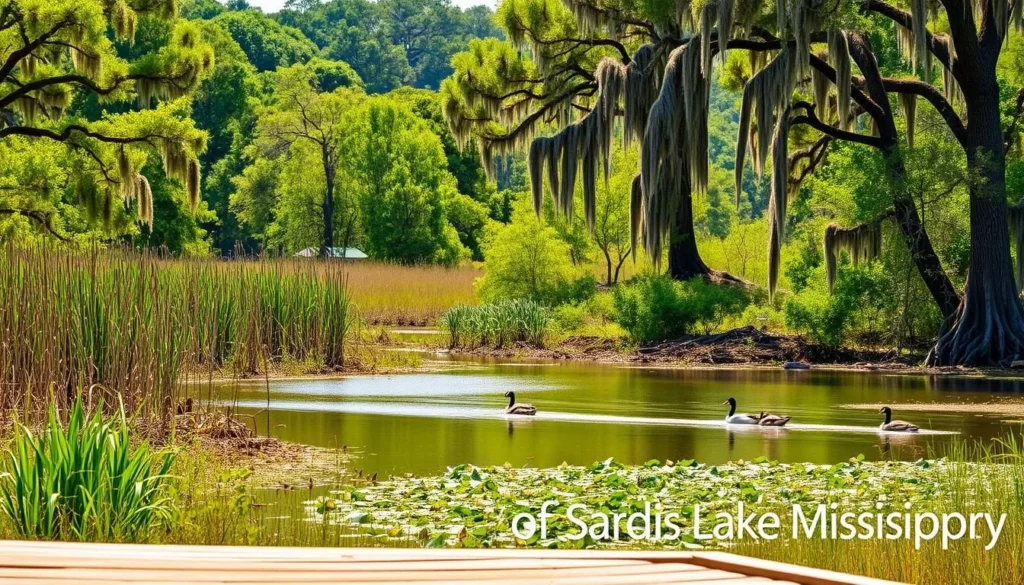 A serene, lush landscape along the shores of Sardis Lake, Mississippi, where wildlife enthusiasts can immerse themselves in the natural wonders. In the foreground, a wooden observation deck overlooks a tranquil cove, with a family of waterfowl gracefully gliding across the calm waters. The middle ground showcases a diverse array of wetland vegetation, including tall reeds, water lilies, and cypress trees draped in Spanish moss. In the background, a verdant forest backdrop provides a picturesque setting, bathed in the warm glow of the sun's rays filtering through the canopy. The scene exudes a sense of peace and harmony, inviting visitors to pause, observe, and appreciate the abundant wildlife thriving in this serene natural sanctuary.
