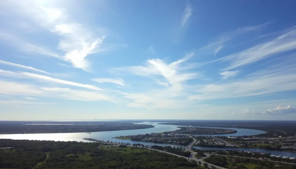 A serene midday sky over the coastal city of Cape Coral, Florida. Wispy cirrus clouds drift lazily across a brilliant azure expanse, casting delicate shadows on the lush, verdant landscape below. The sun's warm rays filter through the diffuse cloud cover, creating a soft, diffused lighting that gently illuminates the scene. In the distance, the glimmering waters of the Caloosahatchee River meander through the cityscape, reflecting the dynamic dance of the clouds above. This tranquil, weather-savvy scene perfectly captures the humidity and cloud cover considerations for a pleasant visit to this sun-drenched Florida destination.