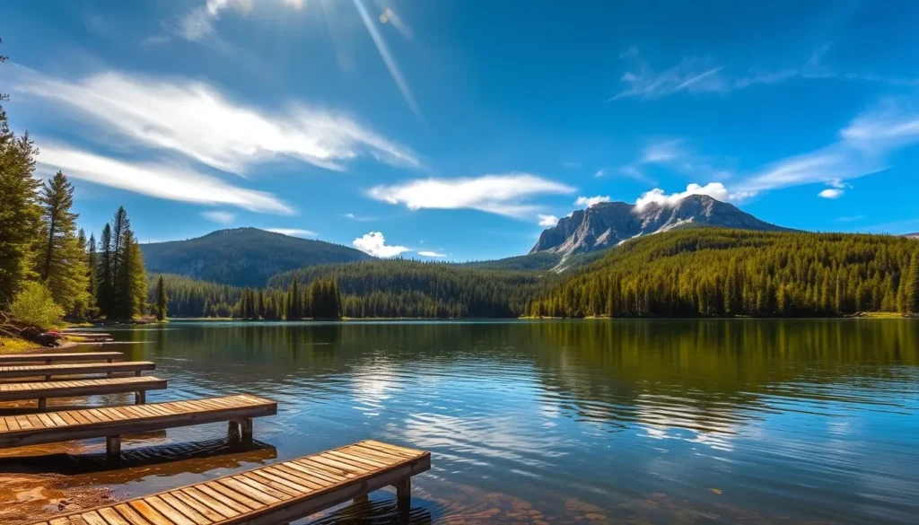 A serene mountain lake nestled amidst towering pines, reflecting the vibrant green foliage and azure sky above. Sunlight dances on the calm surface, casting shimmering patterns. On the lakeshore, weathered wooden docks extend into the water, inviting visitors to take in the tranquil atmosphere. In the distance, rugged granite peaks rise, shrouded in wisps of cloud. The scene conveys the timeless allure of this natural wonder, a testament to the enduring cultural and historical significance of Pine Flat Lake.