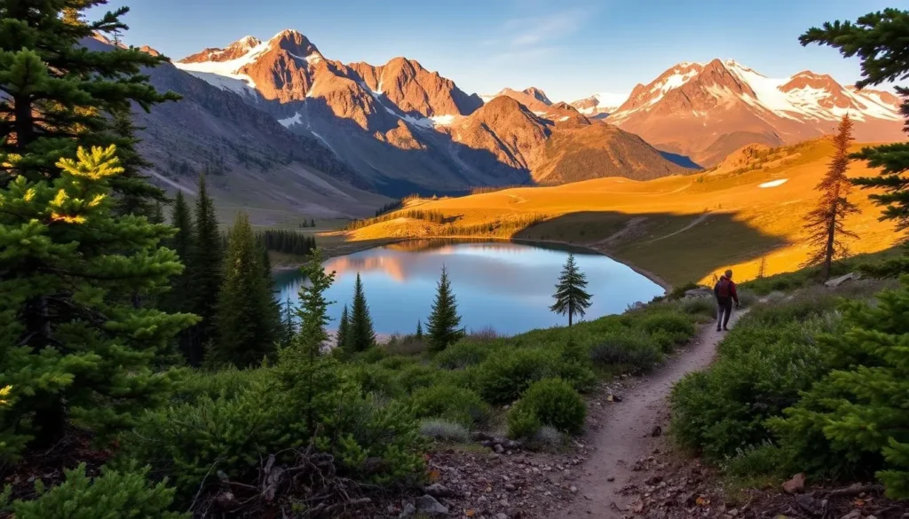 A serene mountain landscape in the White Mountains, California, showcasing the "Leave No Trace" principles. In the foreground, a hiking trail winds through a lush, verdant forest, with fallen leaves and twigs carefully avoided. In the middle ground, a pristine alpine lake reflects the surrounding peaks, their snow-capped summits gleaming under the warm, golden light of a clear day. Hikers in the distance tread lightly, following established paths and leaving no trace of their presence. The background features towering granite cliffs and rolling meadows, untouched by human impact. The scene conveys a sense of harmony between nature and responsible outdoor recreation.