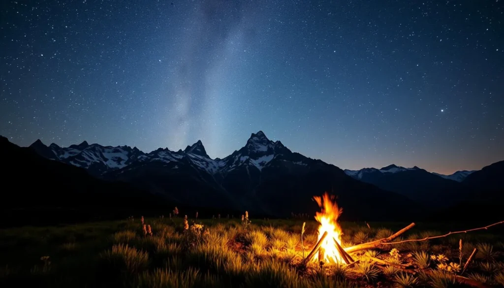 A serene mountain meadow under a breathtaking night sky, with the Milky Way galaxy shimmering overhead. In the foreground, a cozy campfire casts a warm glow, surrounded by plush grass and wildflowers. In the middle ground, rugged, snow-capped peaks rise up, their silhouettes stark against the indigo sky. The scene is bathed in soft, natural lighting, creating a sense of tranquility and wonder. A perfect spot for stargazing, with no light pollution to obscure the celestial display. The atmosphere is one of peaceful solitude, inviting the viewer to pause, breathe deeply, and immerse themselves in the beauty of the natural world.