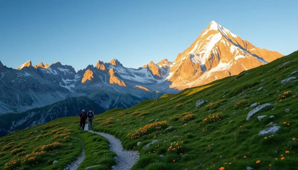 A serene mountain trail winding through lush alpine meadows, dotted with vibrant wildflowers. Towering peaks of the Dufourspitze (Monte Rosa) rise majestically in the distance, their snow-capped summits glistening under the warm, golden sunlight. Hikers traverse the trail, their silhouettes capturing the essence of adventure and exploration. The scene is filled with a sense of tranquility and wonder, inviting the viewer to immerse themselves in the beauty of the Swiss Alps.