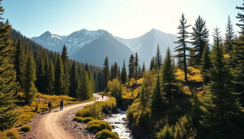 A serene mountain trail winds through a lush, verdant forest, casting dappled shadows on the winding path. The towering peaks of the Big Sky range loom in the distance, their snow-capped summits glistening in the warm, golden sunlight. A crystal-clear stream babbles beside the trail, its gentle melody adding to the tranquil ambiance. Hikers traverse the path, their steps crunching on the well-trodden dirt as they take in the breathtaking vistas. The scene exudes a sense of peace and natural harmony, inviting visitors to immerse themselves in the beauty of the great outdoors.