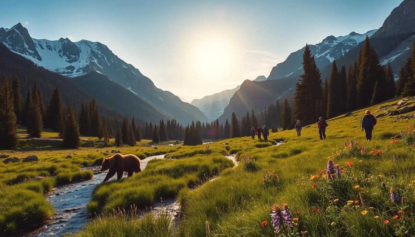 A serene mountain valley surrounded by towering peaks capped with snow, the sun casting a warm glow over the lush evergreen forests. In the foreground, a crystal-clear stream meanders through the meadows, flanked by wildflowers in vibrant hues. A lone grizzly bear ambles through the tall grass, while hikers explore the well-marked trails, taking in the breathtaking vistas. The scene is captured with a wide-angle lens, emphasizing the grand scale of the Bear Valley landscape. An idyllic, peaceful setting that invites the viewer to immerse themselves in the tranquility of this California wilderness.