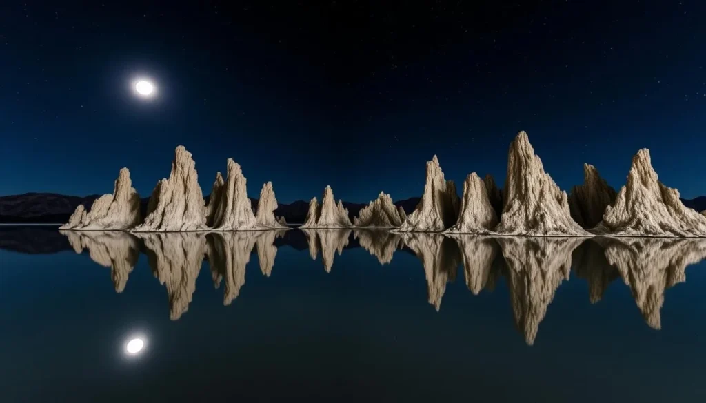 A serene night at Mono Lake, California. Towering tufa formations rise from the still, reflective waters, casting mesmerizing shadows under the starry sky. A full moon illuminates the scene, bathing the landscape in a soft, ethereal glow. In the foreground, a wide-angle lens captures the dramatic silhouettes of the tufa, their jagged shapes mirrored in the glassy surface. The middle ground features the tranquil lake, its calm waters creating a mirror-like effect that doubles the visual impact. The background showcases the vast, inky-black sky, dotted with twinkling stars that seem to stretch on endlessly. This serene, atmospheric night photography perfectly captures the enchanting beauty of Mono Lake.