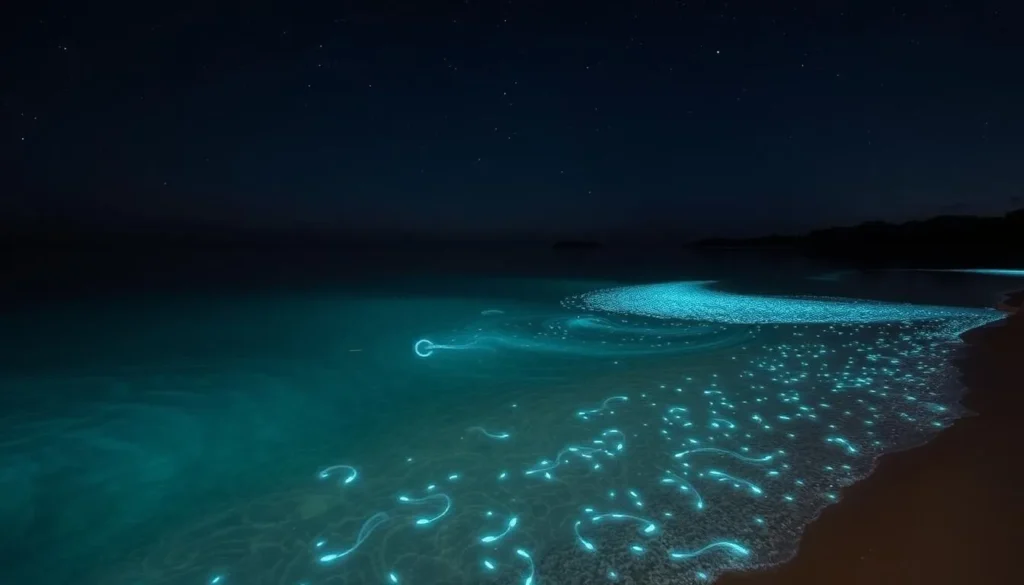 A serene night scene on the shores of Koh Rong Samloem Island, Cambodia. Bioluminescent plankton shimmer in the calm, shallow waters, casting an ethereal glow across the surface. The foreground features swirling, glowing trails left by swimming creatures, while the middle ground showcases the plankton densely clustered, illuminating the shoreline. In the background, a starry sky stretches overhead, reflected in the bioluminescent waters. The overall atmosphere is one of tranquility and wonder, highlighting the natural beauty of this remarkable phenomenon.