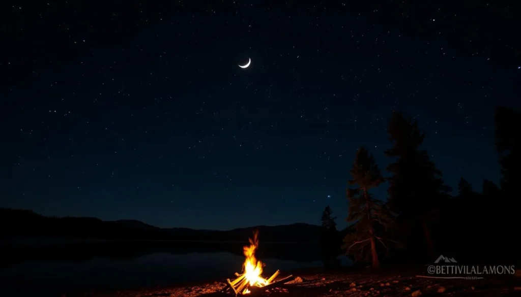 A serene night sky over Granite Lake, California, illuminated by a crescent moon. Millions of twinkling stars scattered across the inky blackness, reflected in the still, glassy waters below. In the foreground, a cozy campfire casts a warm, flickering glow, silhouetting towering pines against the celestial backdrop. The air is crisp and clean, perfect for stargazing and taking in the natural beauty of this remote wilderness. Wide-angle lens captures the grand, panoramic scene, showcasing the tranquil, atmospheric ambiance of this peaceful nighttime landscape.