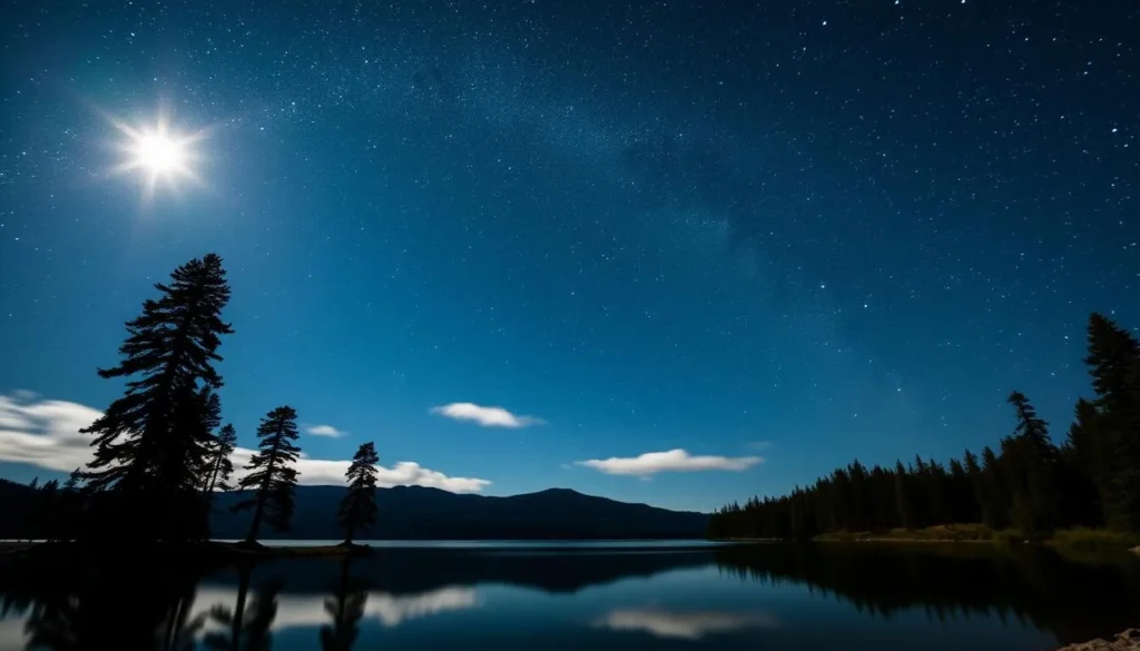 A serene night sky over the tranquil waters of Huntington Lake, California. The Milky Way arches gracefully overhead, its stars twinkling like diamonds against the inky blackness. In the foreground, the lake's still surface reflects the celestial display, creating a mirror-like effect. Tall, majestic pine trees line the shore, their silhouettes adding depth and dimension to the scene. The moon, partially obscured by wispy clouds, casts a soft, ethereal glow across the landscape, evoking a sense of calm and wonder. Capture this enchanting moment with a wide-angle lens, using a long exposure to immortalize the natural beauty of this serene, nature-lover's paradise.
