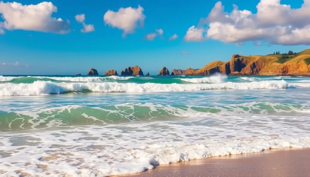 A serene ocean landscape with crashing waves along the rugged Oregon coastline. In the foreground, crystal-clear turquoise waters rush towards the sandy shore, their rhythmic foaming capped with frothy white crests. Distant rocky cliffs rise majestically in the middle ground, their jagged edges silhouetted against a brilliant azure sky. Fluffy cumulus clouds drift peacefully overhead, casting soft shadows across the undulating waves. Warm, golden sunlight bathes the entire scene, creating a tranquil, inviting atmosphere perfect for a first-time visitor to Yachats to take in the natural beauty of the Pacific Northwest.