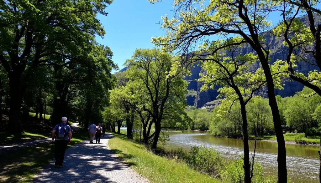 A serene outdoor scene at Meramec State Park, Missouri. In the foreground, hikers traverse a well-worn trail, their steps crunching against the gravel. Towering oak and maple trees line the path, their lush green canopies filtering dappled sunlight. A gentle, winding river cuts through the middle ground, its surface reflecting the azure sky above. In the distance, rugged limestone bluffs rise majestically, casting long shadows over the tranquil landscape. A light breeze rustles the leaves, creating a soothing symphony of natural sounds. The overall atmosphere conveys a sense of peaceful exploration and outdoor adventure.