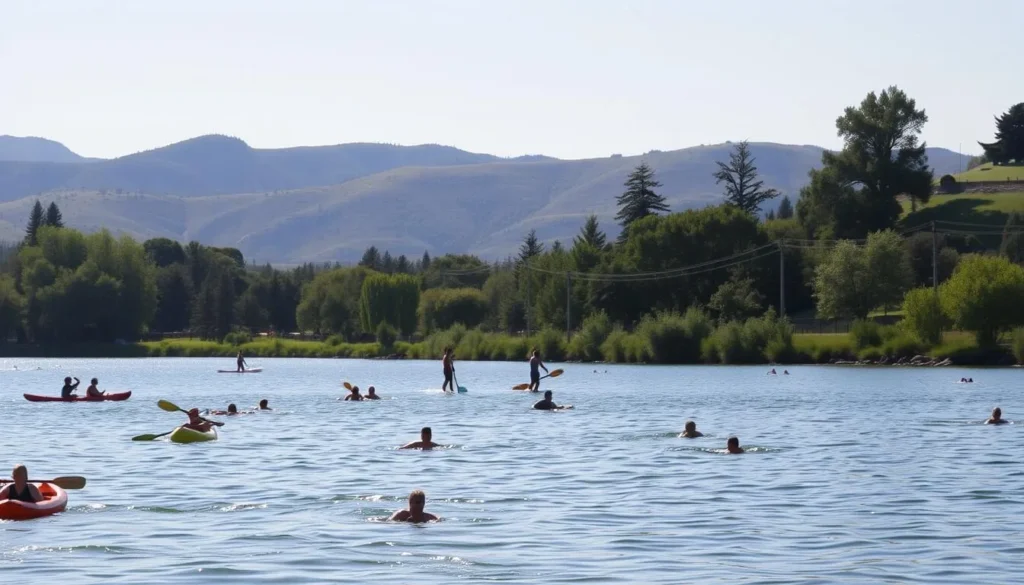 A serene outdoor scene at Vasona Lake, California, on a sunny afternoon. In the foreground, people enjoy various water activities like kayaking, paddleboarding, and swimming in the calm, glistening lake. The middle ground features lush, verdant trees and greenery lining the shoreline, creating a peaceful, natural ambiance. In the background, rolling hills and distant mountains provide a picturesque backdrop, bathed in warm, golden light. The overall atmosphere is one of tranquility and leisure, inviting visitors to immerse themselves in the great outdoors and appreciate the scenic beauty of Vasona Lake.