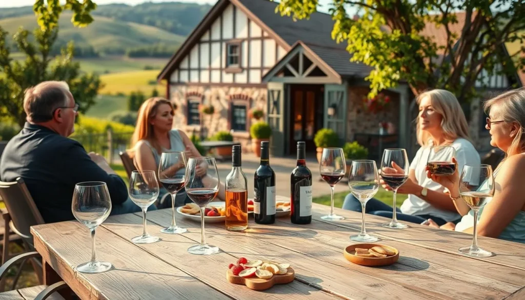A serene outdoor scene in the charming town of Ste. Genevieve, Missouri, where a group of friends gather for a relaxing wine tasting experience. The foreground showcases a rustic wooden table adorned with various wine glasses, bottles, and artisanal snacks. In the middle ground, the inviting facade of a quaint winery with its classic French-inspired architecture creates a warm, inviting atmosphere. The background features the rolling hills and lush greenery of the Missouri countryside, bathed in the soft, golden light of a beautiful afternoon.