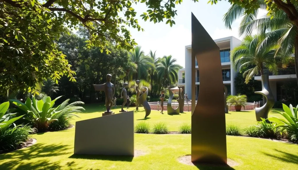 A serene outdoor sculpture garden at the Honolulu Museum of Art, surrounded by lush tropical foliage. Sunlight filters through the canopy, casting soft shadows on the smooth, abstract metal sculptures. The foreground features a central piece with clean, geometric forms, inviting visitors to explore and interact. The middle ground showcases a variety of sculptures in diverse styles, from minimalist to organic. In the background, the museum's modern architecture provides a striking architectural backdrop, seamlessly blending with the natural environment. The overall atmosphere is one of tranquility and appreciation for art in an idyllic setting.