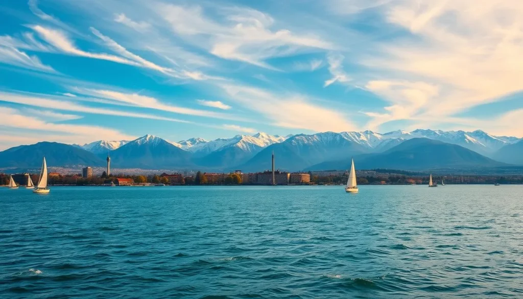 A serene panorama of Lake Geneva, Switzerland, surrounded by the majestic Alps. In the foreground, the glistening waters of the lake reflect the vibrant blue sky and wispy clouds. Sailboats glide across the surface, their white sails catching the gentle breeze. The middle ground features the charming city of Geneva, its picturesque buildings and iconic Jet d'Eau fountain standing tall. In the background, the snow-capped peaks of the Alps rise majestically, bathed in warm, golden sunlight. The overall scene evokes a sense of tranquility and natural beauty, perfectly capturing the unique climate and stunning scenery of this renowned Swiss destination.