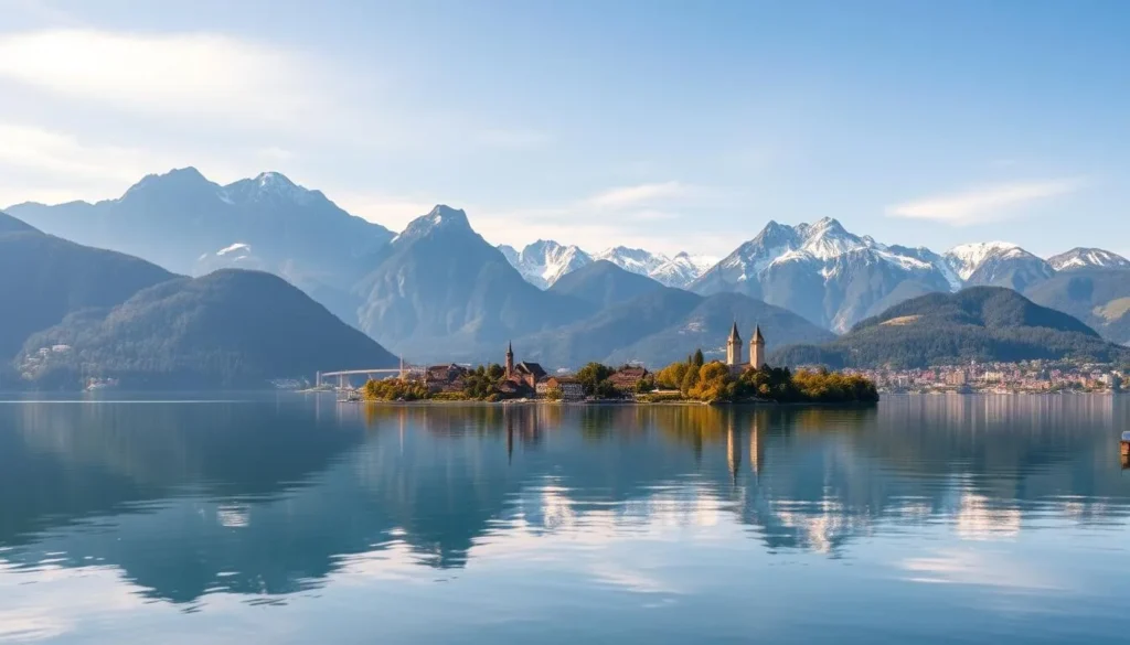 A serene panorama of Lake Lucerne, Switzerland, capturing its captivating beauty. In the foreground, the crystal-clear waters of the lake reflect the surrounding majestic peaks of the Swiss Alps, creating a mirror-like surface. Mid-ground features lush, verdant shorelines dotted with charming villages and historic landmarks. The background showcases the towering mountains, their snow-capped summits reaching towards the azure sky. Warm, golden sunlight bathes the scene, lending a peaceful, atmospheric quality. Capture this idyllic landscape with a wide-angle lens, emphasizing the scale and grandeur of the setting. Convey a sense of tranquility and wonder, inviting the viewer to immerse themselves in the natural beauty of this iconic Swiss destination.