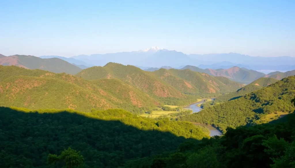 A serene panoramic landscape showcasing the stunning beauty of Kirirom National Park, Cambodia. In the foreground, lush green forests and rolling hills set the stage, with a winding river meandering through the valley. The middle ground features picturesque peaks and ridges, their slopes adorned with vibrant foliage in shades of verdant and ochre. In the background, a magnificent mountain range rises majestically, their snow-capped summits reaching towards the clear, azure sky. Soft, diffused natural lighting bathes the scene, creating a warm and inviting atmosphere. Capture this breathtaking location, where nature's splendor and tranquility converge to showcase the essence of Kirirom National Park.