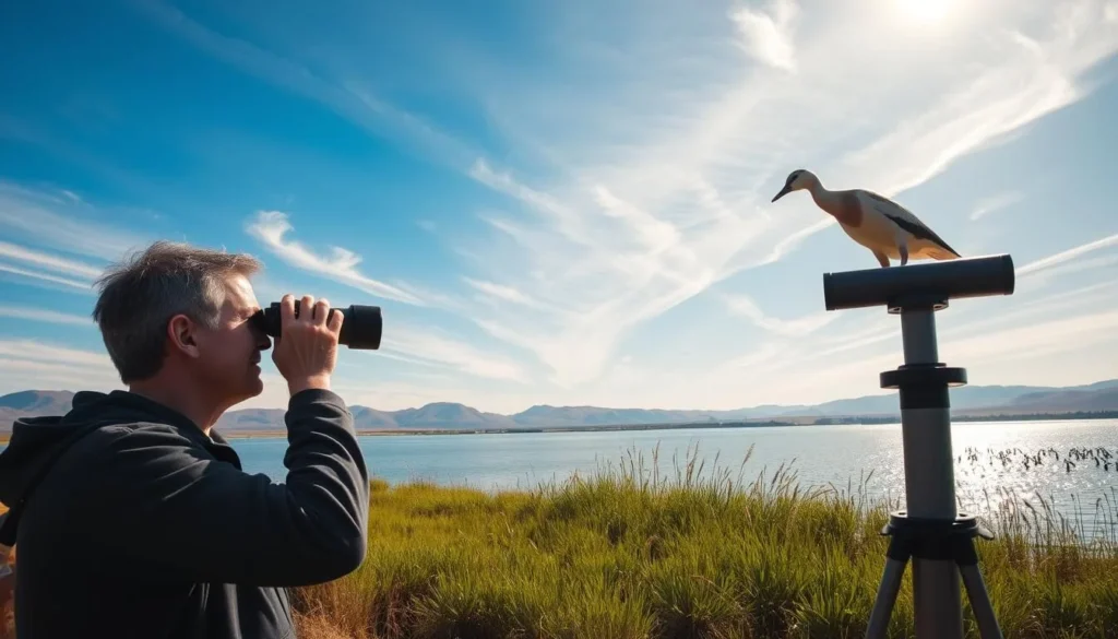 A serene panoramic scene of birdwatching at the tranquil shores of Lake Hennessy. In the foreground, a skilled observer with binoculars intently scanning the water and skies for elusive waterfowl. The middle ground features a lush, verdant shoreline dotted with tall reeds and cattails, providing a natural habitat for a variety of birds. In the background, rolling hills and a clear blue sky create a picturesque, postcard-worthy landscape. Warm, golden sunlight filters through wispy clouds, casting a soft, inviting glow over the entire scene. The atmosphere is one of peaceful contemplation and the joys of wildlife observation.