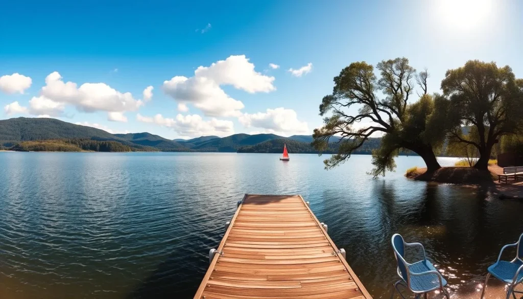 A serene panoramic view of Saratoga Lake in California, nestled amidst lush, rolling hills. The tranquil waters reflect the azure sky and fluffy white clouds above. In the foreground, a wooden dock extends into the lake, inviting visitors to step out and enjoy the scenic vistas. Mature oak trees line the shoreline, casting gentle shadows over the scene. The warm, golden sunlight bathes the landscape, creating a peaceful, idyllic atmosphere. A small sailboat glides across the surface, adding a sense of movement and adventure. The overall composition captures the natural beauty and tranquility of this picturesque location, perfect for a day of relaxation and exploration.
