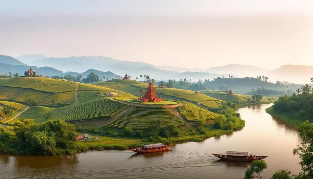 A serene panoramic view of the lush, verdant landscapes of Sylhet, Bangladesh. In the foreground, a winding river reflects the golden hues of the setting sun, with traditional wooden boats drifting peacefully. In the middle ground, rolling hills dotted with vibrant tea plantations and ancient temples create a picturesque backdrop. The background features the majestic Jaflong mountains, their peaks shrouded in a soft, misty haze. The scene is illuminated by warm, diffused lighting, casting a tranquil, inviting atmosphere. Capture the essence of Sylhet's natural beauty and cultural heritage, encouraging the viewer to explore this captivating destination.