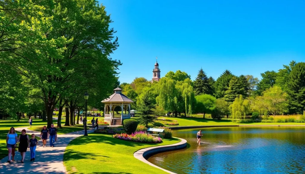A serene park in Nashua, New Hampshire, with lush green trees lining the paths and a tranquil pond reflecting the clear blue sky. In the foreground, a group of people stroll leisurely, enjoying the warm summer day. The middle ground features a beautifully maintained garden with vibrant flowers in bloom. In the background, a historic gazebo stands as a charming focal point, its intricate architecture bathed in soft, natural lighting. The overall atmosphere is one of peaceful respite, inviting visitors to immerse themselves in the natural beauty of this hidden gem.
