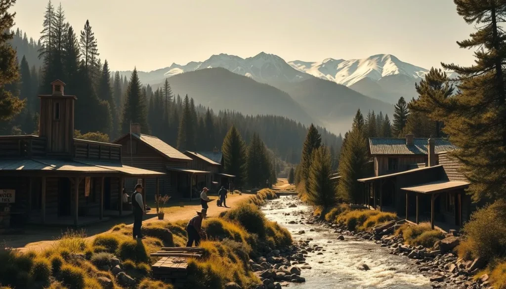 A serene pastoral scene of Whiskeytown, California during the mid-19th century Gold Rush era. A quaint old-west town nestled in a lush forested valley, with a babbling creek winding through the center. Rustic log cabins and weathered wooden buildings line the main street, their sun-dappled facades casting long shadows. In the foreground, prospectors in period attire pan for gold in the shimmering waters, while in the distance, a magnificent snow-capped mountain range dominates the horizon under a warm, golden light. The scene conveys a sense of rugged frontier history and the pioneering spirit of the Gold Rush era.