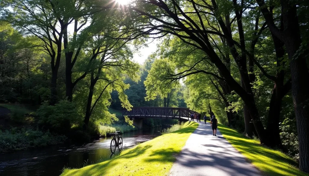 A serene path winds through the lush greenery of Delaware and Raritan Canal State Park. Sunlight filters through the canopy of towering trees, casting a warm glow on the picturesque landscape. In the foreground, the historic canal flows gently, its calm waters reflecting the surrounding foliage. Hikers and cyclists explore the well-maintained trail, taking in the tranquil atmosphere and scenic vistas. In the distance, a wooden bridge arches over the canal, inviting visitors to cross and discover the park's hidden gems. The scene evokes a sense of peaceful exploration, perfectly capturing the essence of this natural retreat in the heart of New Jersey.