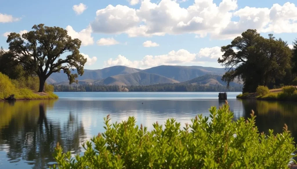A serene, picturesque landscape of Kensington Reservoir lake in California on a pleasant, sunny day. In the foreground, the still, clear waters reflect the lush, verdant foliage surrounding the lake. In the middle ground, tall, mature oak trees line the shores, casting gentle shadows on the surface. The background features rolling hills and a clear, blue sky with fluffy, white clouds, creating a peaceful, tranquil atmosphere. The lighting is warm and soft, illuminating the scene with a golden glow. Capture this scenic beauty with a wide-angle lens to showcase the expansive vista.