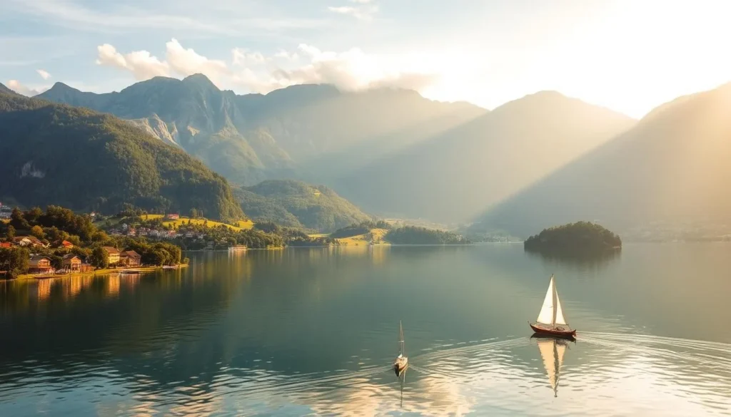 A serene, picturesque landscape of Lake Maggiore, an alpine paradise nestled between the majestic peaks of the Swiss Alps. The crystal-clear waters of the lake reflect the surrounding mountains, creating a mirror-like surface. Lush, verdant shorelines dotted with charming villages and historic villas line the banks, inviting exploration. Warm, golden sunlight filters through wispy clouds, casting a soft, atmospheric glow over the scene. Sailboats and rowboats gently drift across the placid waters, adding a sense of tranquility. The overall mood is one of peaceful, natural beauty, transporting the viewer to this picturesque, serene alpine landscape.