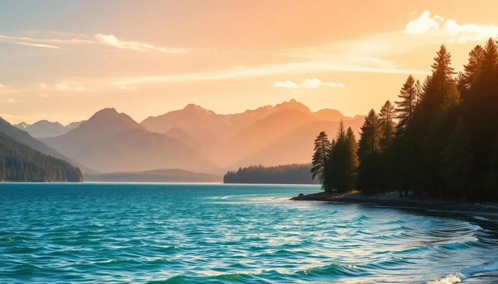 A serene, picturesque landscape of Lake Shasta, California on a sunny afternoon. In the foreground, a pristine azure lake with gently lapping waves. Towering, verdant pine trees line the shores, casting soft shadows on the water. In the middle ground, rugged, snow-capped mountains rise majestically, their peaks reflected in the still surface of the lake. Warm, golden sunlight filters through wispy clouds, illuminating the scene with a glowing, natural radiance. The atmosphere is tranquil and inviting, conveying the peaceful, picturesque charm of this idyllic outdoor destination.