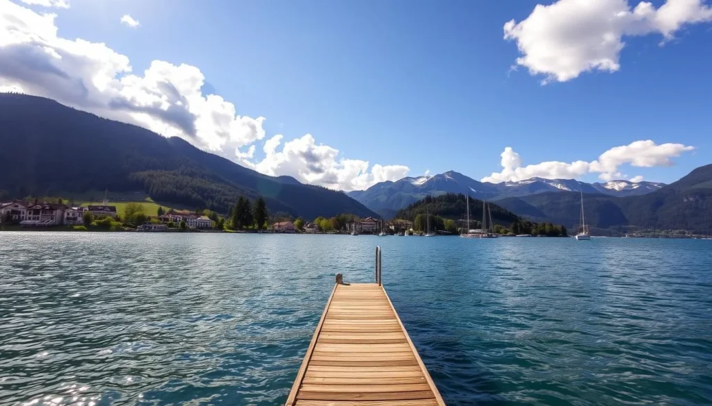 A serene, picturesque scene of Lake Murten in Switzerland. A glistening, azure lake surrounded by rolling hills and lush, verdant forests. In the foreground, a small wooden pier extends into the calm waters, inviting visitors to take in the tranquil atmosphere. The sky is a brilliant blue, with fluffy white clouds drifting overhead, casting soft shadows on the surface of the lake. The middle ground features quaint, charming buildings and boats docked along the shoreline, hinting at the vibrant life that thrives around this captivating body of water. In the distance, the majestic Alps rise up, their snow-capped peaks adding to the stunning natural beauty of the scene. Warm, golden lighting illuminates the entire landscape, creating a serene and inviting mood that captures the essence of "Discovering the Charm of Lake Murten".