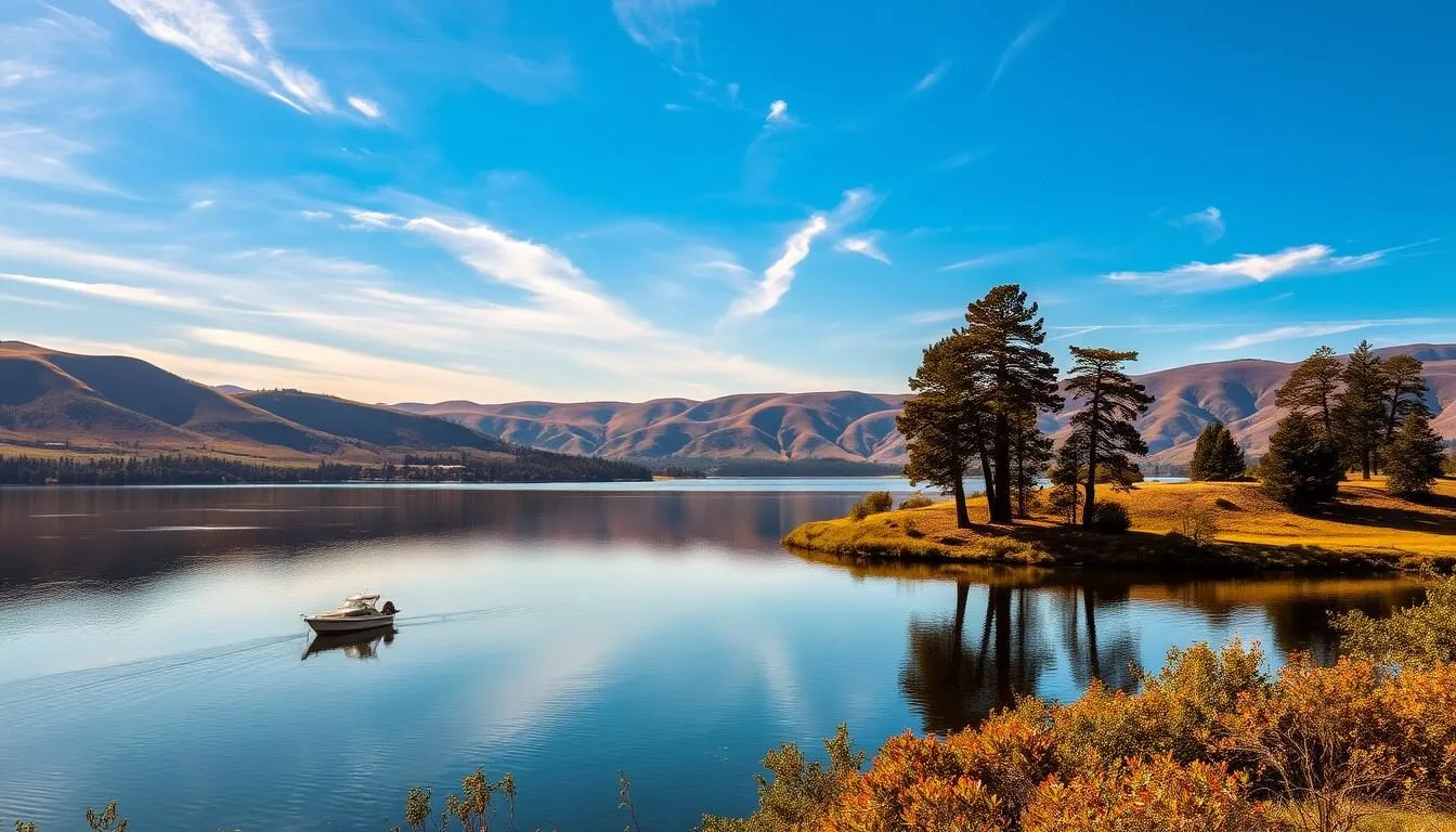 A serene, picturesque view of Lake Oroville, nestled amidst rolling hills and lush vegetation. The tranquil waters reflect the surrounding landscape, creating a mirror-like surface. Wispy clouds dot the bright blue sky, and the warm, golden sunlight casts a gentle glow over the scene. In the foreground, a small boat drifts peacefully, inviting the viewer to imagine a relaxing day on the lake. The middle ground features a lush, verdant shoreline dotted with towering pine trees, their branches swaying gently in the breeze. The background showcases the majestic, rolling hills that frame the lake, creating a serene and picturesque setting.
