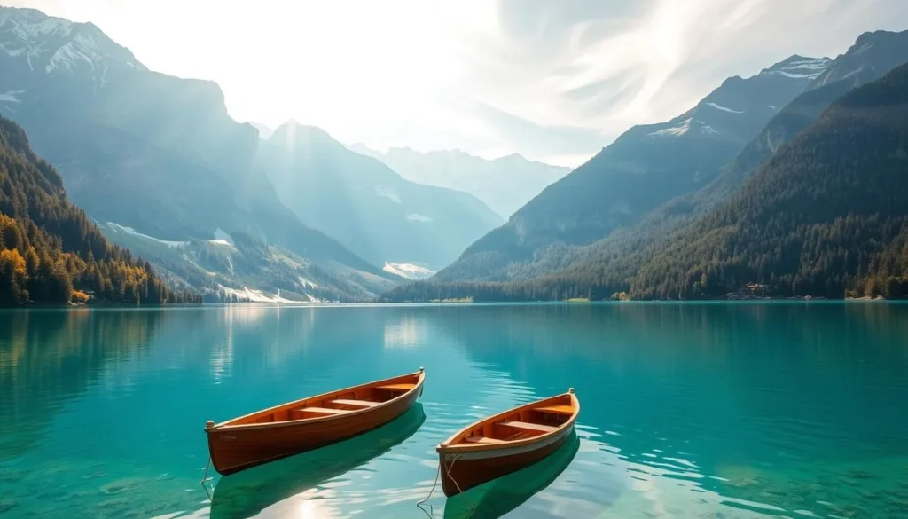 A serene, pristine alpine lake nestled amidst towering snow-capped peaks, with crystal-clear turquoise waters reflecting the dramatic mountainous landscape. Lush, verdant forests line the shoreline, their vibrant foliage casting soft, dappled shadows on the surface. Sunlight filters through wispy clouds, creating a warm, golden glow that illuminates the tranquil scene. Sleek, traditional wooden boats gently bob on the calm waters, inviting visitors to embark on a leisurely journey across the lake. The overall atmosphere exudes a sense of peaceful, natural beauty that perfectly captures the essence of the stunning Lake Brienz.