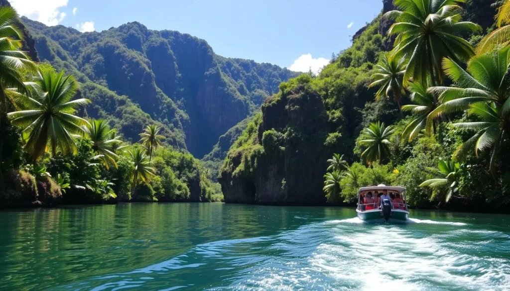 A serene river cruise along the lush Wailua River, Kauai's iconic waterway. Capture the tranquil beauty of the verdant, jungle-clad banks, framed by towering cliffs and swaying palms. Sunlight dapples the gently flowing waters, as the boat glides effortlessly amidst the verdant, tropical foliage. In the distance, the legendary Fern Grotto rises, its cascading ferns and mossy walls beckoning exploration. Convey a sense of peaceful adventure, as visitors immerse themselves in Kauai's timeless natural splendor.