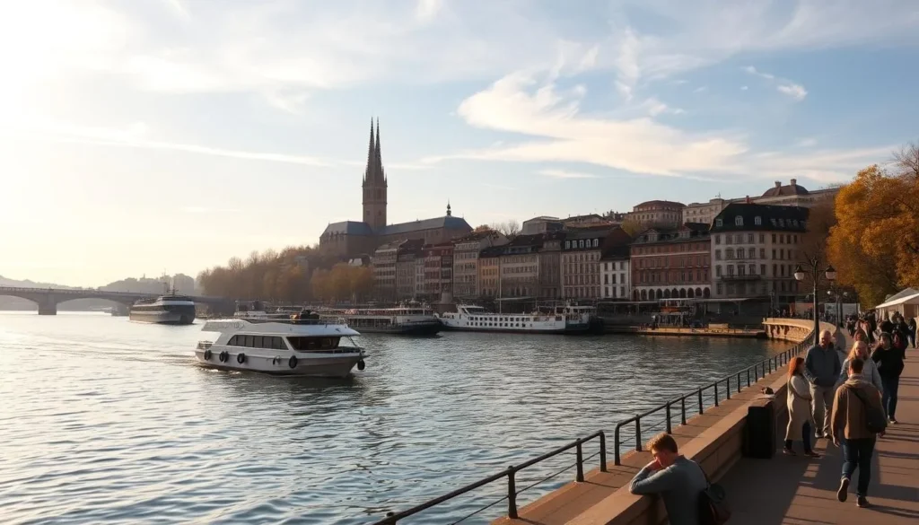 A serene riverside scene along the majestic Rhine River in Basel, Switzerland. In the foreground, pedestrians stroll along the promenade, taking in the tranquil waters and vibrant architecture. Boats and barges gently drift by, their reflection rippling on the surface. In the middle ground, the historic city skyline rises, dominated by the iconic Basel Minster's towering spires. Warm, golden sunlight filters through wispy clouds, casting a soft, inviting glow over the entire scene. The mood is one of leisurely enjoyment, with people relaxing on benches or stopping to admire the scenic views. An atmospheric, picturesque depiction of life along the Rhine River in the heart of Basel.
