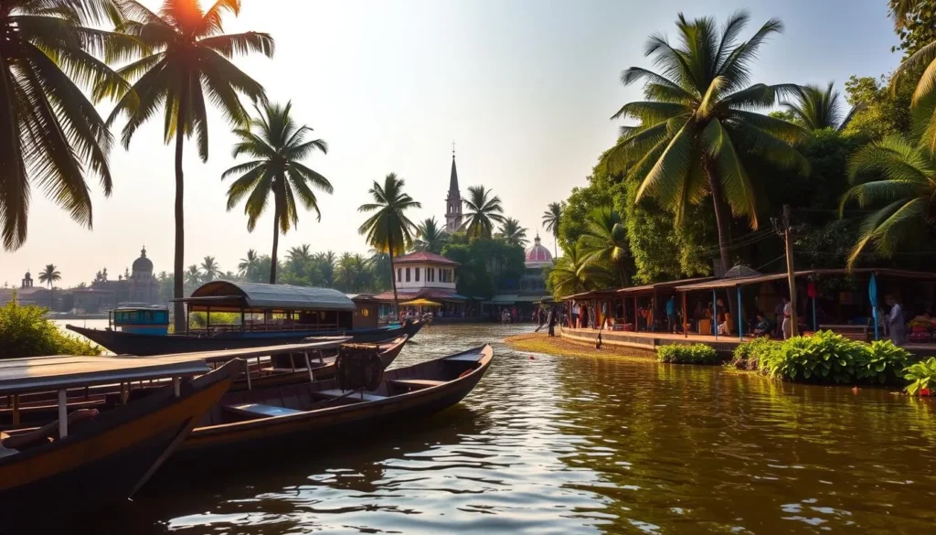 A serene riverside scene in Khulna, Bangladesh, with lush green foliage lining the banks of the Rupsha River. In the foreground, traditional wooden boats gently sway in the calm waters, their colorful hulls reflecting the warm, golden sunlight. Towering palm trees and vibrant tropical plants create a verdant backdrop, casting playful shadows across the scene. The mid-ground features a bustling local market, where vendors sell an array of fresh produce and handcrafted goods. In the distance, the skyline is punctuated by the steeples and domes of historic architecture, creating a serene and picturesque atmosphere. The overall mood is one of tranquility, showcasing the natural beauty and cultural richness of Khulna, the southern gem of Bangladesh.