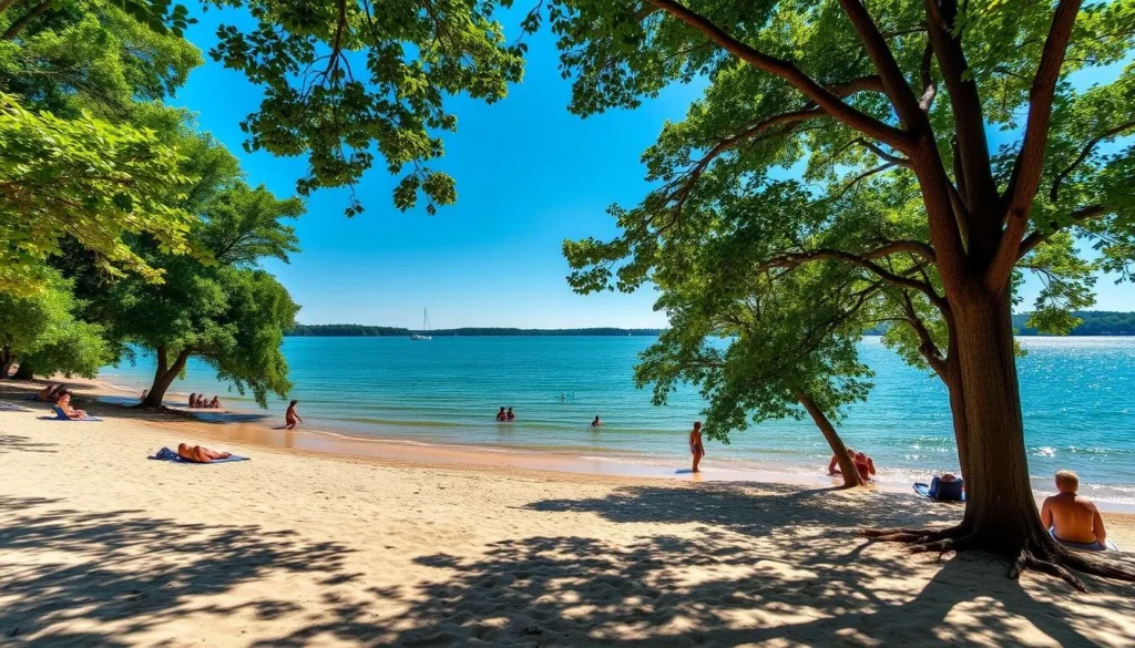 A serene sandy beach along the shores of Mark Twain Lake, Missouri. Gentle waves caress the shoreline as beachgoers bask in the warm summer sun. Lush green trees and foliage frame the scene, creating a tranquil, natural setting. In the distance, a few small boats dot the calm, glistening lake. The atmosphere is one of relaxation and outdoor recreation, with people swimming, sunbathing, and playing in the shallow waters. Capture this picturesque lakeside oasis through a wide-angle lens, showcasing the lake's beauty and the inviting beach experience.