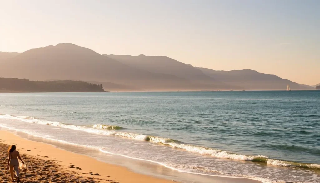 A serene sandy beach along the sparkling waters of the Pacific Ocean, with the iconic North Shore mountains rising in the background. Warm sunlight bathes the scene, casting a golden glow on the gentle waves lapping at the shore. In the foreground, people stroll along the waterfront, enjoying the picturesque scenery. Sailboats and kayaks dot the horizon, creating a peaceful, idyllic atmosphere. The image should be captured with a wide-angle lens to showcase the breathtaking natural beauty of this quintessential Vancouver landscape.