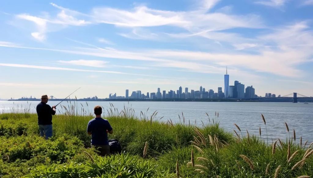 A serene scene along the banks of the Hudson River, New Jersey. In the foreground, anglers cast their lines, their silhouettes reflected in the calm waters. The middle ground reveals a lush green shoreline, dotted with tall reeds and wildflowers swaying gently in the breeze. In the distance, the iconic skyline of Manhattan rises, its skyscrapers basking in the warm glow of the afternoon sun. Wispy clouds drift overhead, casting soft shadows upon the tranquil scene. The atmosphere is one of peaceful solitude, inviting outdoor enthusiasts to immerse themselves in the natural beauty of Liberty State Park.