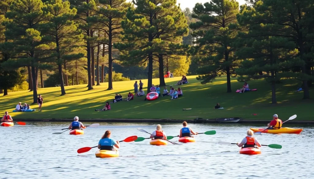 A serene scene at Grand Lake O' the Cherokees, Oklahoma, capturing the essence of its vibrant outdoor activities. In the foreground, people paddle leisurely in colorful kayaks, gliding across the calm, reflective waters. In the middle ground, families gather on the lush, grassy shores, enjoying picnics and various water sports. In the background, towering pine trees frame the landscape, creating a picturesque natural setting. Warm, golden sunlight filters through the leaves, casting a warm, inviting glow over the entire scene. The atmosphere is one of tranquility and relaxation, perfectly encapsulating the best things to do at this beautiful lakeside destination.