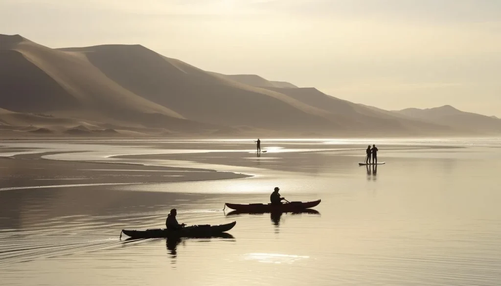 A serene scene at the Oregon Dunes National Recreation Area, where the sand dunes meet the sparkling waters of the Pacific Ocean. In the foreground, a group of kayakers glide across the calm, mirror-like surface, exploring the intricate network of waterways that wind through the dunes. The middle ground features a family stand-up paddleboarding, their silhouettes casting long shadows on the glistening water. In the background, the towering dunes rise up, their undulating shapes and muted tones creating a natural, earthy backdrop. Soft, diffused sunlight filters through the clouds, casting a warm, golden glow over the entire scene and evoking a serene, tranquil atmosphere.