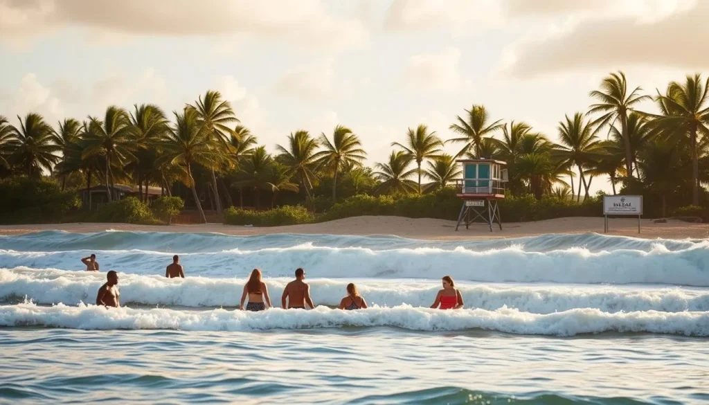 A serene scene on the North Shore of Oahu, Hawaii, capturing the essence of local safety tips. In the foreground, a group of beachgoers cautiously navigates the gentle waves, mindful of rip currents and sharp coral. The middle ground features a lifeguard tower, its occupant scanning the horizon for any signs of distress. In the background, lush palm trees sway in the warm, island breeze, creating a tranquil atmosphere. The lighting is soft and natural, casting a golden glow over the entire scene. The overall mood is one of relaxation and awareness, encouraging visitors to enjoy the beauty of the North Shore while respecting the power of the ocean.