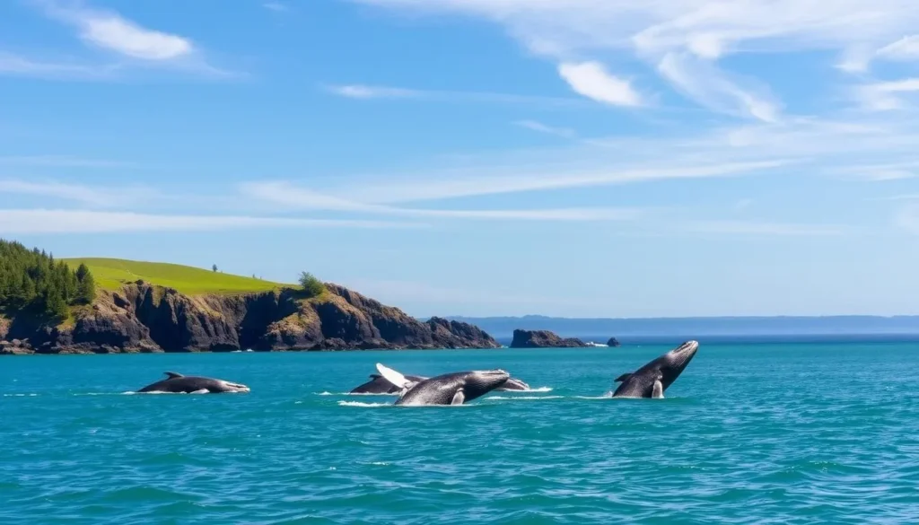 A serene seascape of Depoe Bay, Oregon, on a clear, sun-dappled day. In the foreground, a pod of majestic gray whales breaches the calm, turquoise waters, their massive bodies glistening as they rise and fall. The rugged, basalt cliffs of the Depoe Bay coastline stretch into the middle ground, their jagged edges softened by lush, verdant vegetation. In the background, the horizon is dominated by the vast, azure expanse of the Pacific Ocean, with wispy clouds drifting lazily across the sky. Capture the essence of this premier whale-watching destination, showcasing the natural beauty and serene atmosphere that draw visitors to Depoe Bay.